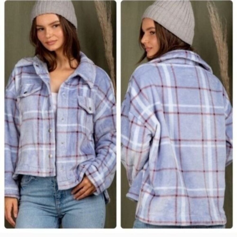 ✨CASUAL COZY FUZZY PLAID SHIRT- JACKET-SHACKET- Hi-Low--NEW